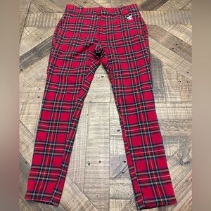 Disney x Forever 21 red tartan plaid trousers featuring a Mickey Mouse Patch